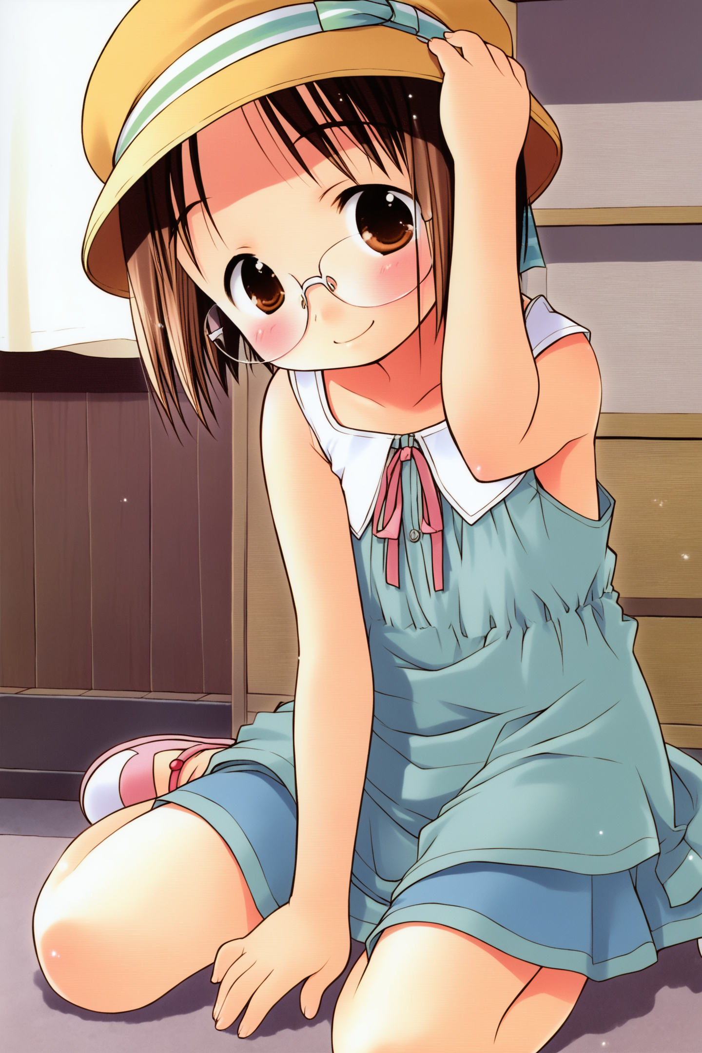 37388-2686995260-Matsuri Sakuragi,1girl,female child,glasses,hat,solo,brown hair,brown eyes,short hair,smile,ribbon,blush,__lora_Ichigo Mashimaro.png
